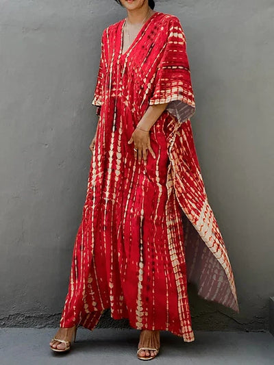 Kaftanjurk voor dames - Lange, losse pasvorm - V-hals tie-dye bohemian stijl