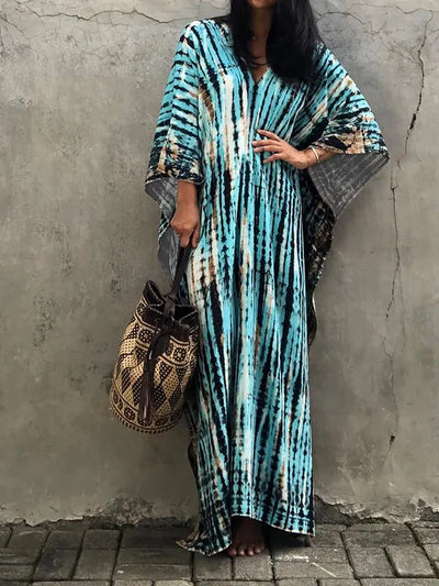 Kaftanjurk voor dames - Lange, losse pasvorm - V-hals tie-dye bohemian stijl