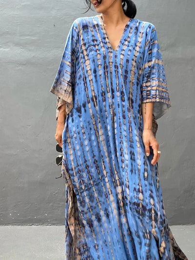 Kaftanjurk voor dames - Lange, losse pasvorm - V-hals tie-dye bohemian stijl