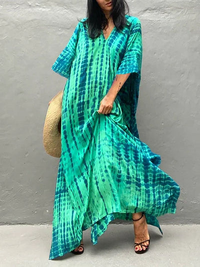 Kaftanjurk voor dames - Lange, losse pasvorm - V-hals tie-dye bohemian stijl