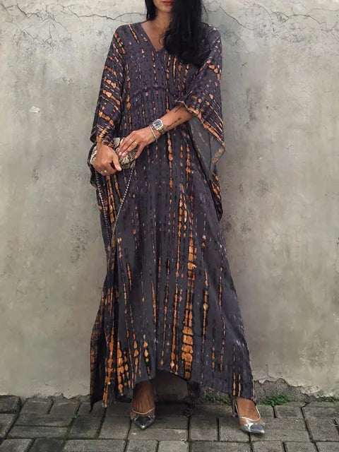 Kaftanjurk voor dames - Lange, losse pasvorm - V-hals tie-dye bohemian stijl
