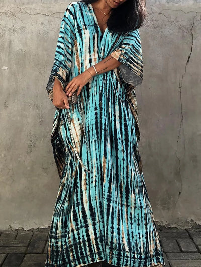 Kaftanjurk voor dames - Lange, losse pasvorm - V-hals tie-dye bohemian stijl