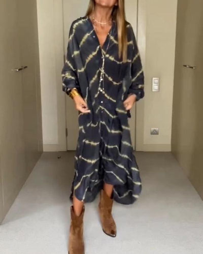BOMEA - Boho gestreepte jurk met lange mouwen