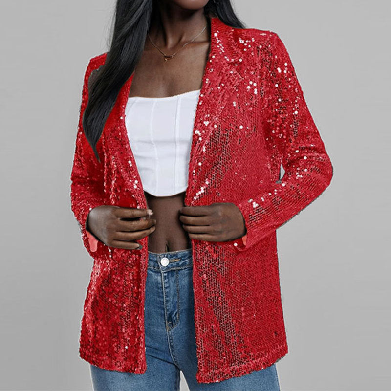 Damesblazer – Met pailletten versierd – Getailleerde pasvorm – Open voorkant met inkeping – Lange mouwen