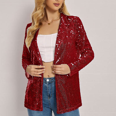 Damesblazer – Met pailletten versierd – Getailleerde pasvorm – Open voorkant met inkeping – Lange mouwen