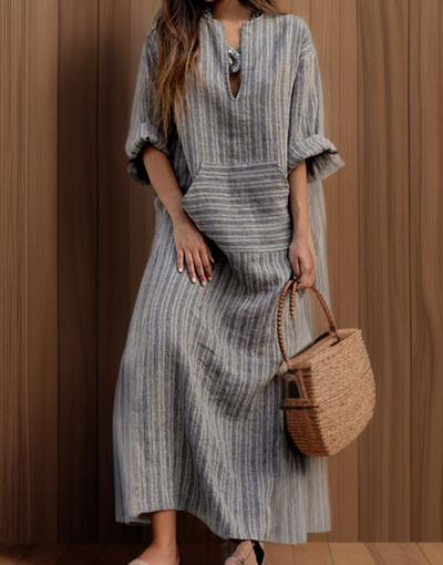 Hailey┃Casual maxi-jurk met vintage strepen en V-hals