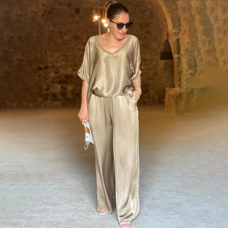 💃Elegante Glanzende Oversized Tweedelige Set met V-hals