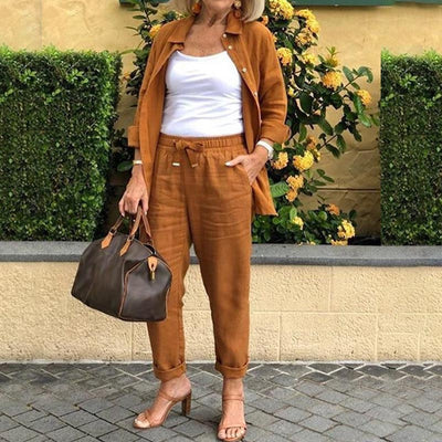 Langarmige blouse en broek set voor vrouwen in katoen en linnen