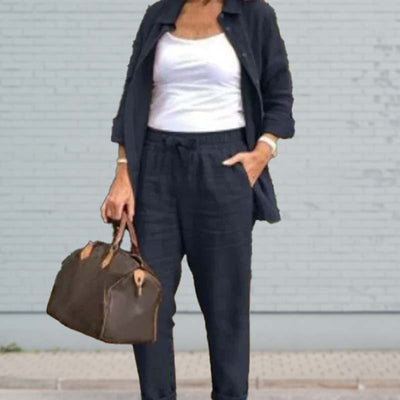 Langarmige blouse en broek set voor vrouwen in katoen en linnen