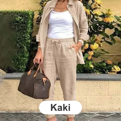 Langarmige blouse en broek set voor vrouwen in katoen en linnen