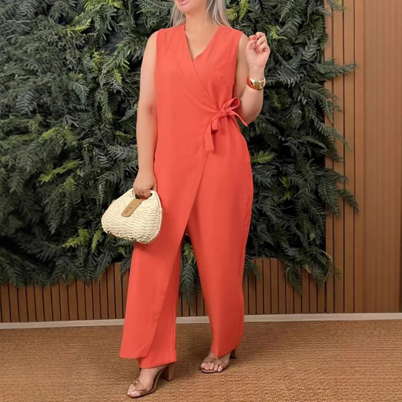 Casual effen V-hals jumpsuit met strik voor dames