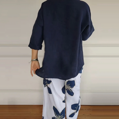 Set van een bedrukte top met ronde hals en broek voor dames