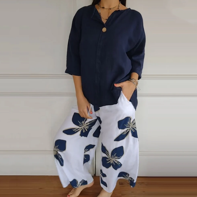 Set van een bedrukte top met ronde hals en broek voor dames