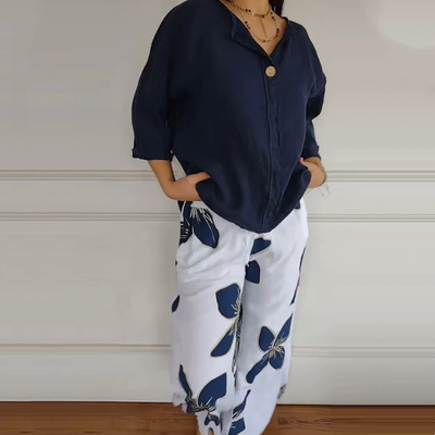 Set van een bedrukte top met ronde hals en broek voor dames