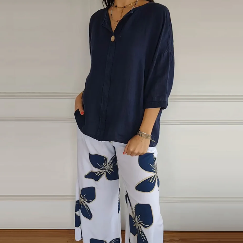 Set van een bedrukte top met ronde hals en broek voor dames