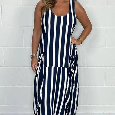 Oversized gestreepte jurk met strikceintuur en voorzak