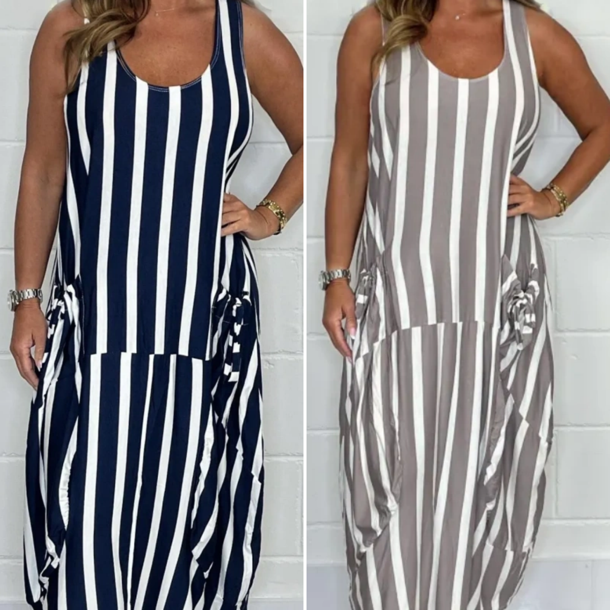 Oversized gestreepte jurk met strikceintuur en voorzak