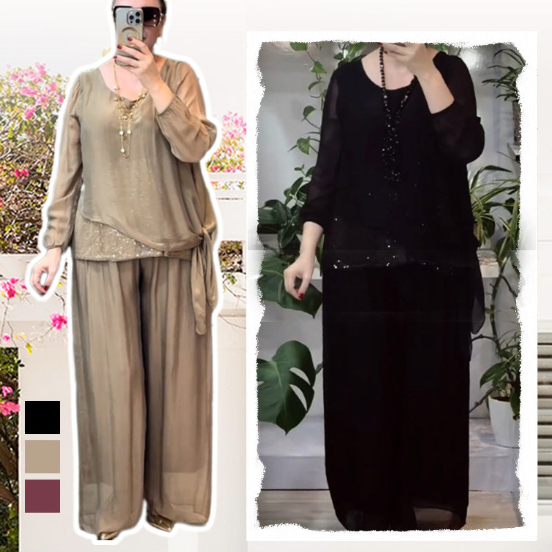 Set van 2-delige blouse met pailletten en wijde broek voor dames