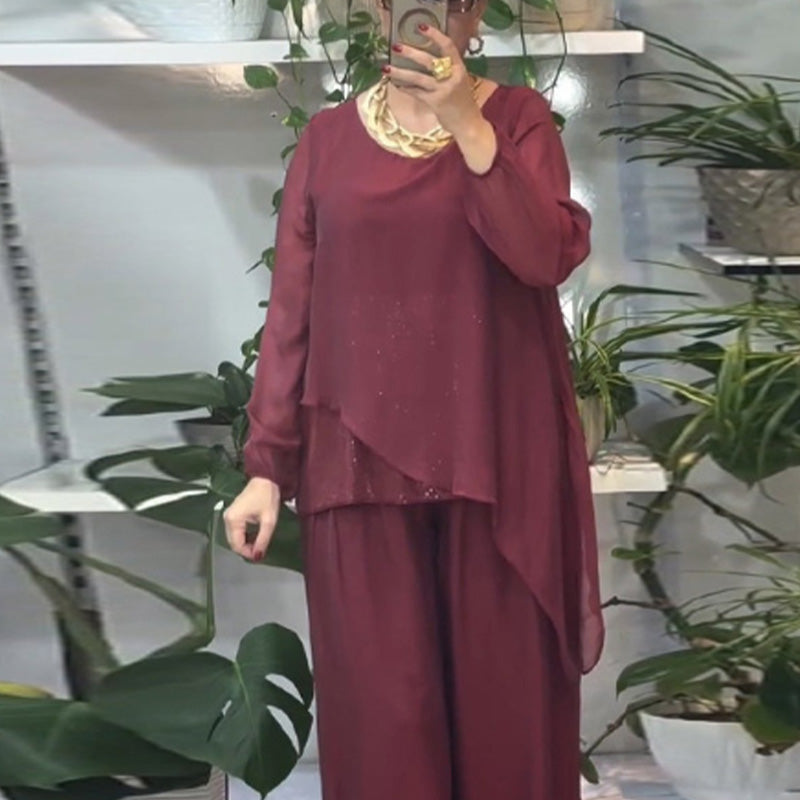 Set van 2-delige blouse met pailletten en wijde broek voor dames